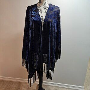 Modcloth Moon Black and Blue Floral Velvet Kimono with Fringe Shawl Cape